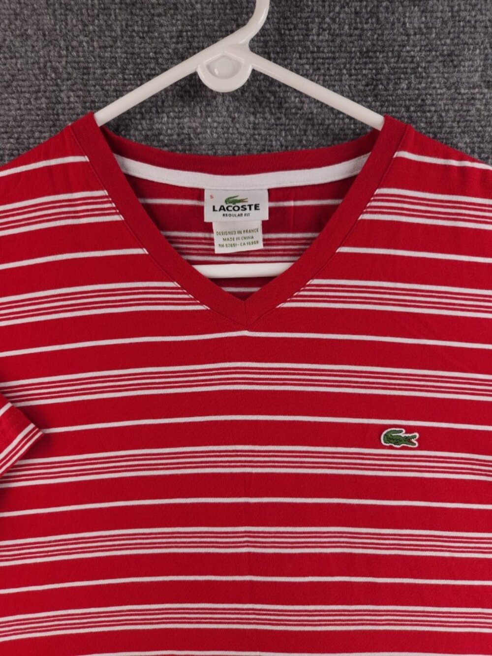 NWOT Lacoste Striped Red T Shirt Women Size 5 Embroidered Croc Logo V Neck